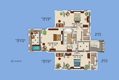Midnight Cove - 5 Bedroom Villa - Midnight Cove floor Plan upstairs, Moon Dance Cliffs, Negril Jamaica Resorts, Villas and Hotels